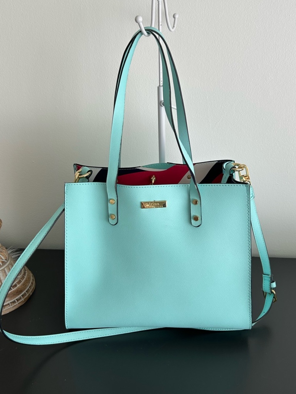 Trina Turk Aqua Blue Structured Tote Crossbody Bag Gold Hardware Satchel - Picture 7 of 8